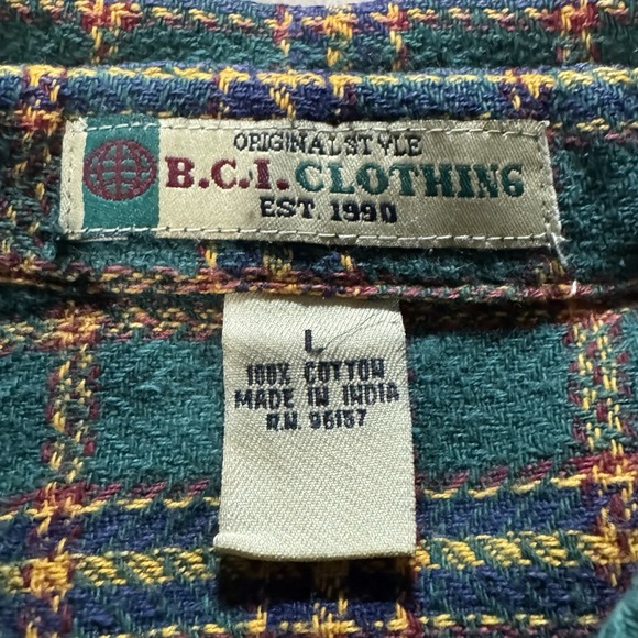 Vintage 90s B.C.I. Clothing Button‎ Up Flannel Shirt Green Plaid Women's Size L - Picture 4 of 7